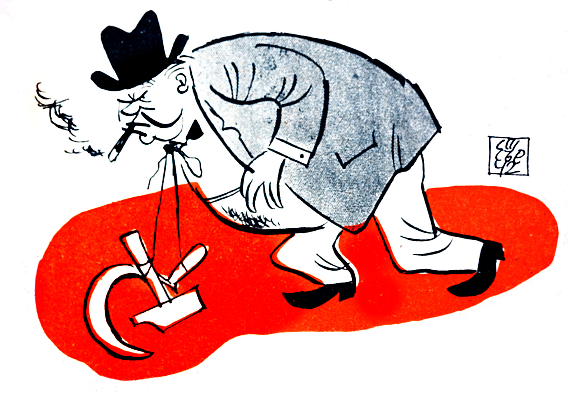 In this political cartoon, British Prime Minister Winston Churchill is weighed down by his alliance with the Soviet Union, symbolized by the hammer and sickle tethered from Churchill’s neck.  