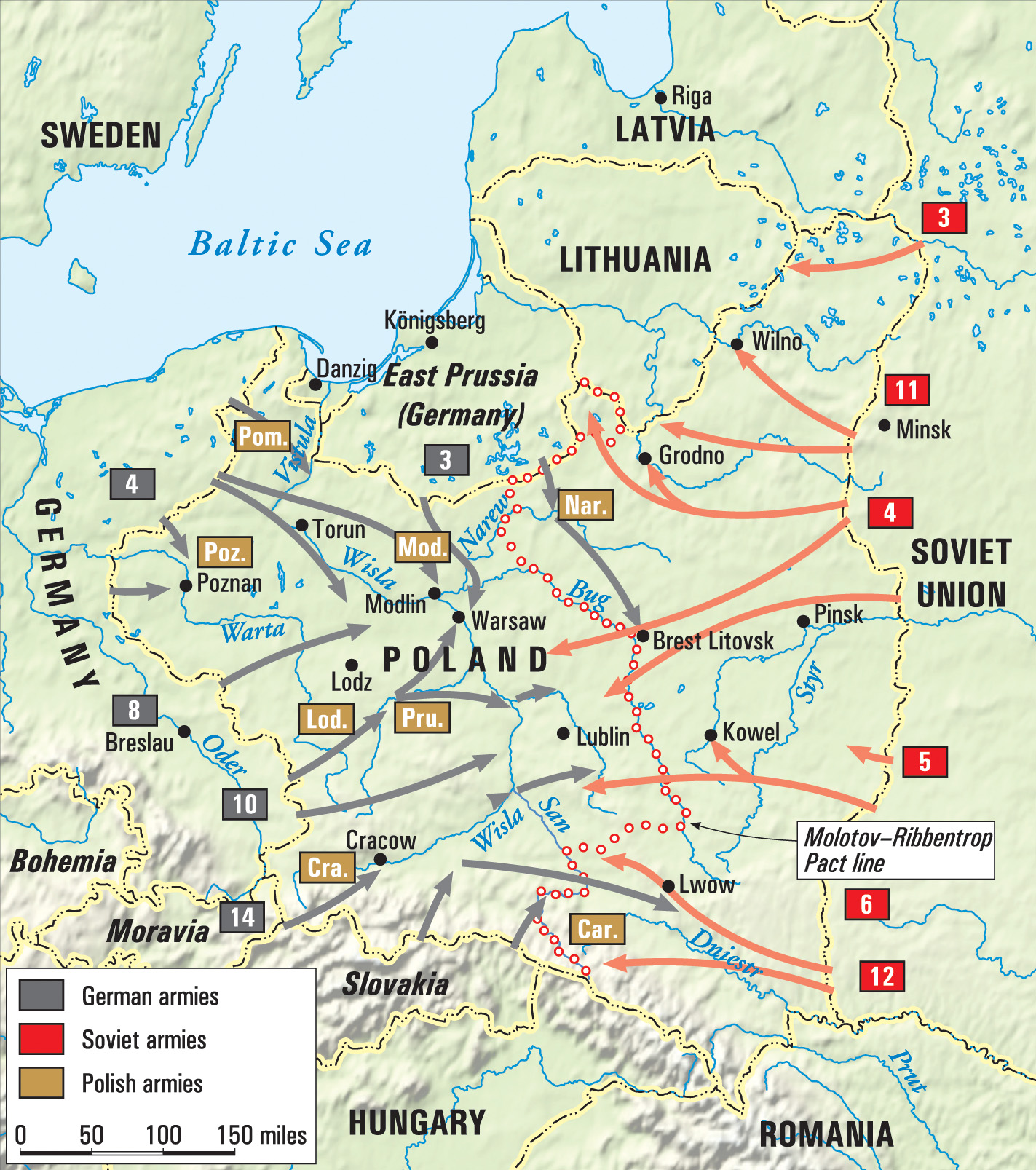 In a previously agreed progression of events, the German Army invaded Poland from the west on September 1, 1939, and the Soviet Red Army then invaded from the east just days later. Poland ceased to exist as a nation. 