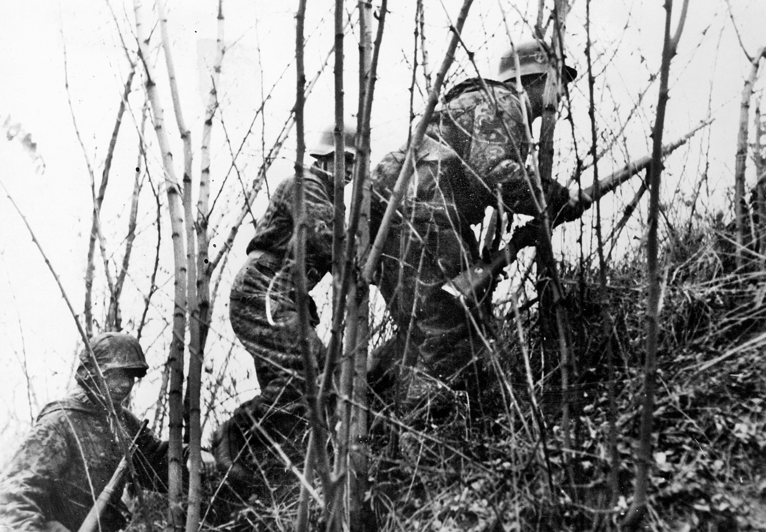 Waffen SS soldiers warily advance through thick underbrush across the Hungarian countryside during Operation Spring Awakening. Poor weather conditions left much of the fighting to German ground troops.