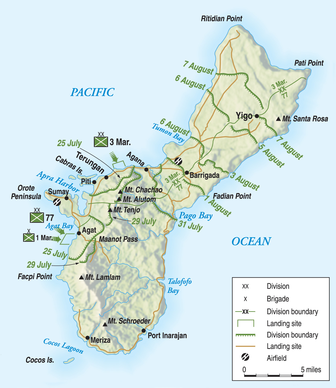 The American invasion beaches on the island of Guam included several locations on the island’s west coast, where soldiers of the Army’s 77th Infantry Division and Marines of the III Amphibious Corps were to come ashore. The American’s then wheeled to the North with the 77th moving up the east side of the island.