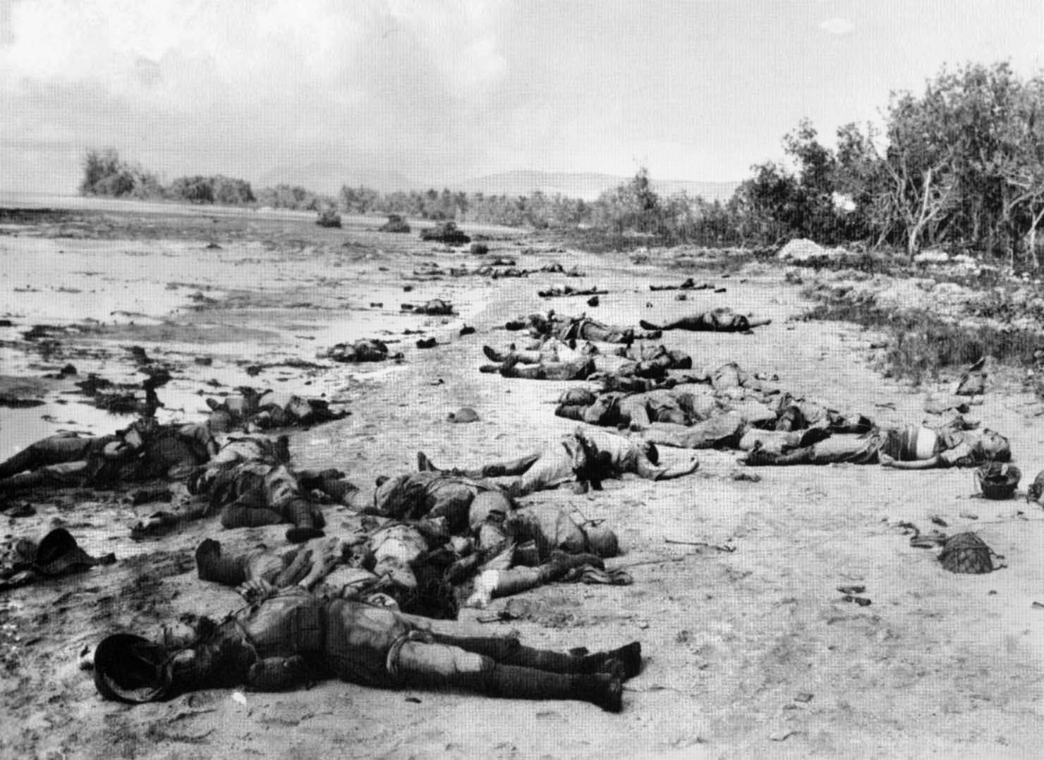 The Japanese executed a suicidal Banzai charge against the American lines on Saipan and paid a tremendous price, the bodies of their dead littering the beach. This photo is believed to have been taken in the aftermath of the charge that decimated their remaining forces on the island.