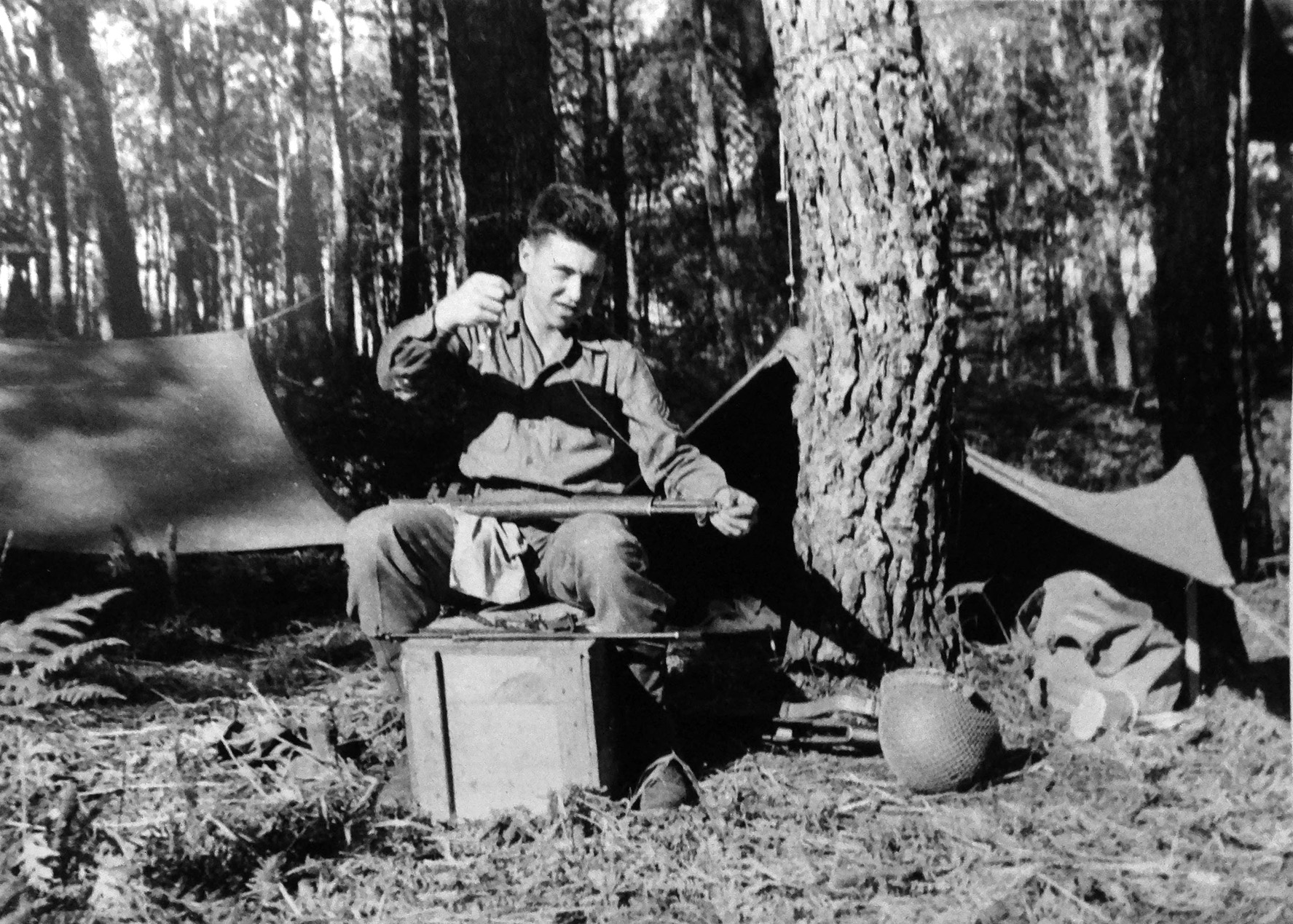 Cleaning his rifle in the field, Stephan Lewy became an important intelligence gatherer for the U.S. Army, interrogating captured German soldiers. Lewy was among nearly 2000 German Jews trained in military intelligence work at Camp Ritchie in western Maryland.