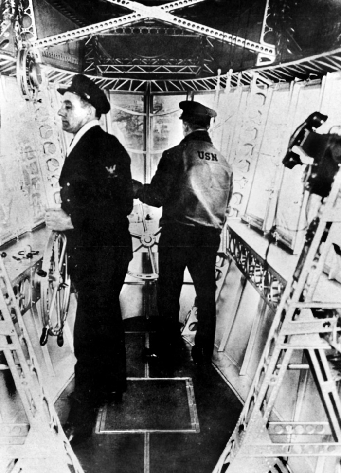 This view aboard the airship USS Macon was taken in the auxiliary control station in the lower vertical fin sometime between 1933 and 1935. 