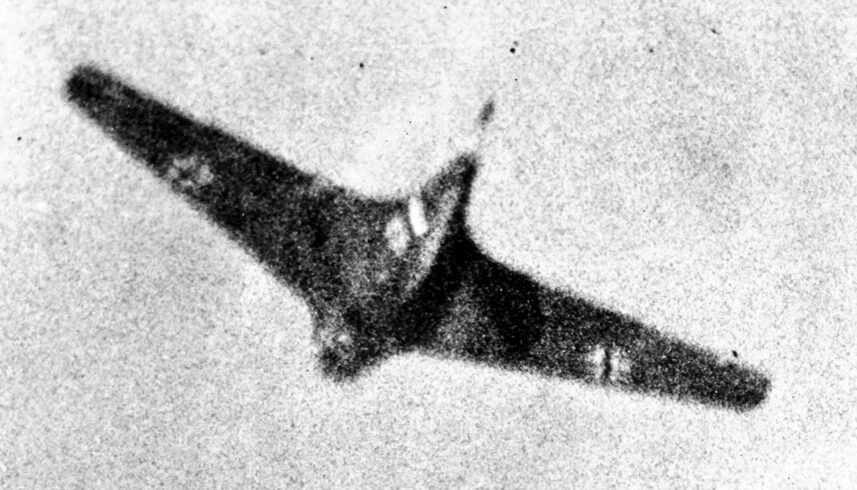 This Messerschmitt Me-163 Komet is captured in the gun-camera footage of a Republic P-47 Thunderbolt fighter plane of the U.S. Army Air Forces. 