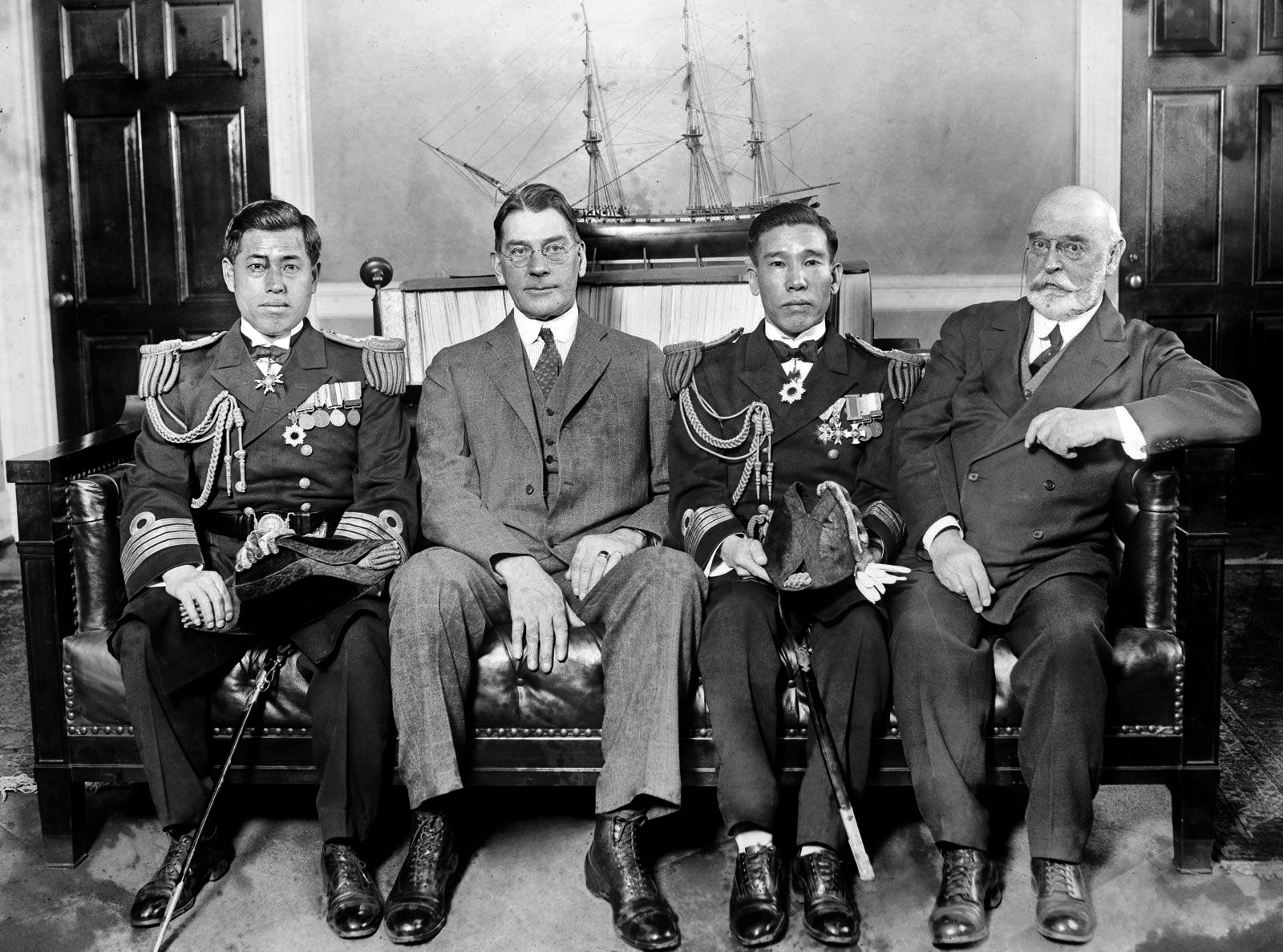 Captain Yamamoto, left, photographed in the U.S. with Secretary of the Navy Curtis Wilbur, Captain Kiyoshi Hasegawa, and Admiral Edward Walter Eberle, Chief of Naval Operations. Yamamoto was serving as naval attaché at the Japanese embassy and traveled extensively in the United States during his tenure.