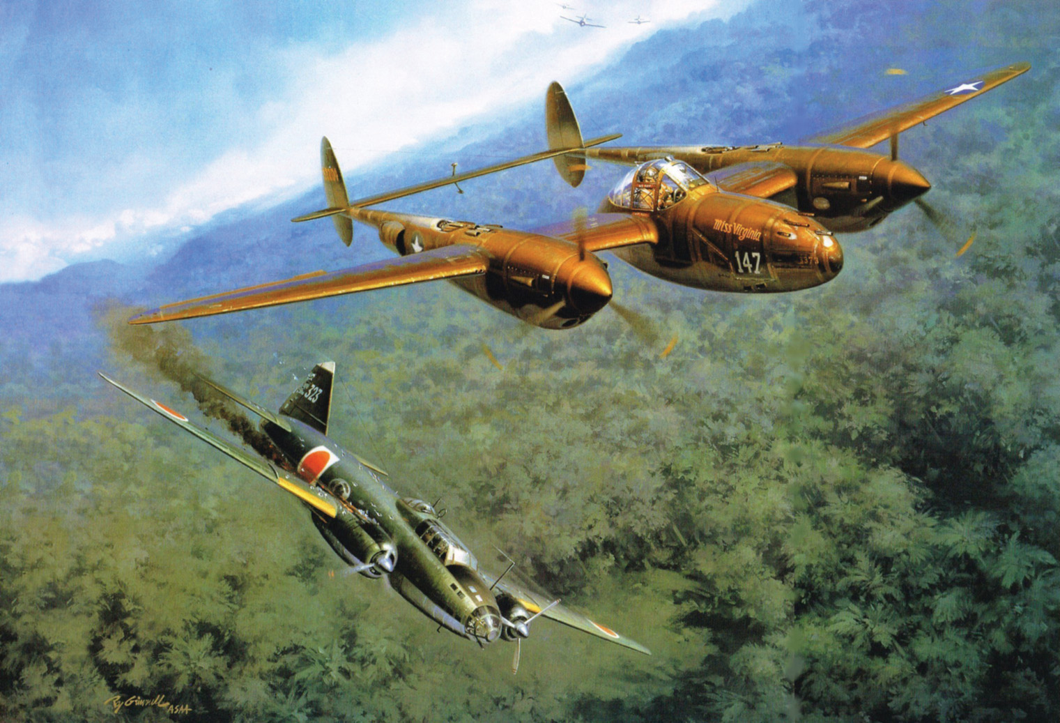 In this painting by artist Roy Grinnell, the Mitsubishi G4M Betty bomber carrying Yamamoto on an inspection tour in 1943 begins a death spiral into the jungle of Bougainville, shot down by American Lockheed P-38 Lightning fighter planes. 