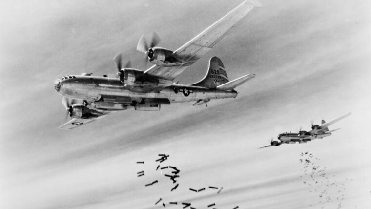 B-29 Superfortress bombers rain destruction on Japan in 1945.