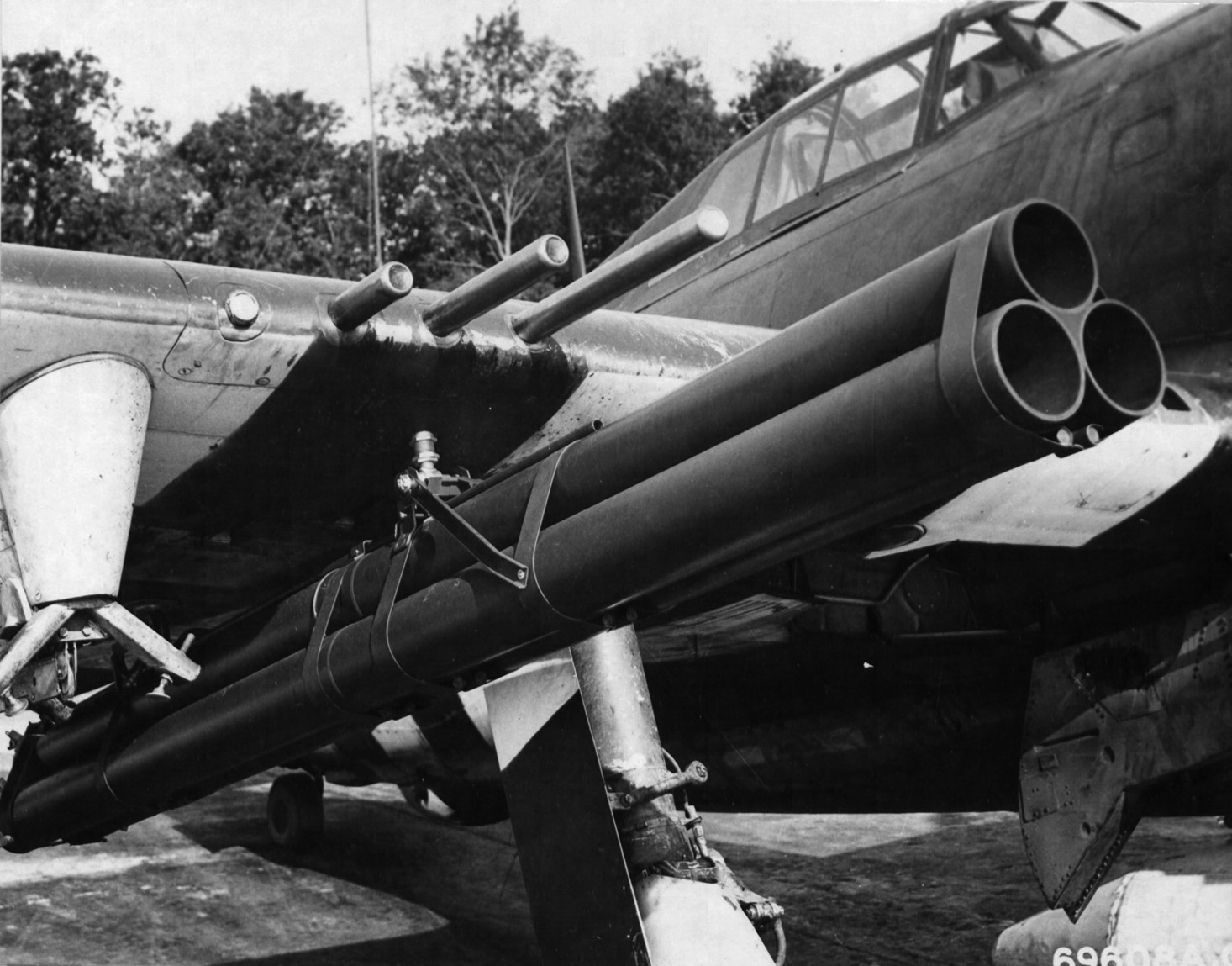 The success of rocket-firing British Hawker Typhoon aircraft resulted in experimentation with the  P-47 and wing-mounted rockets. These tube-fired M8 rockets were replaced with the HVAR (High Velocity Aerial Rocket) fired from underwing pylons. 