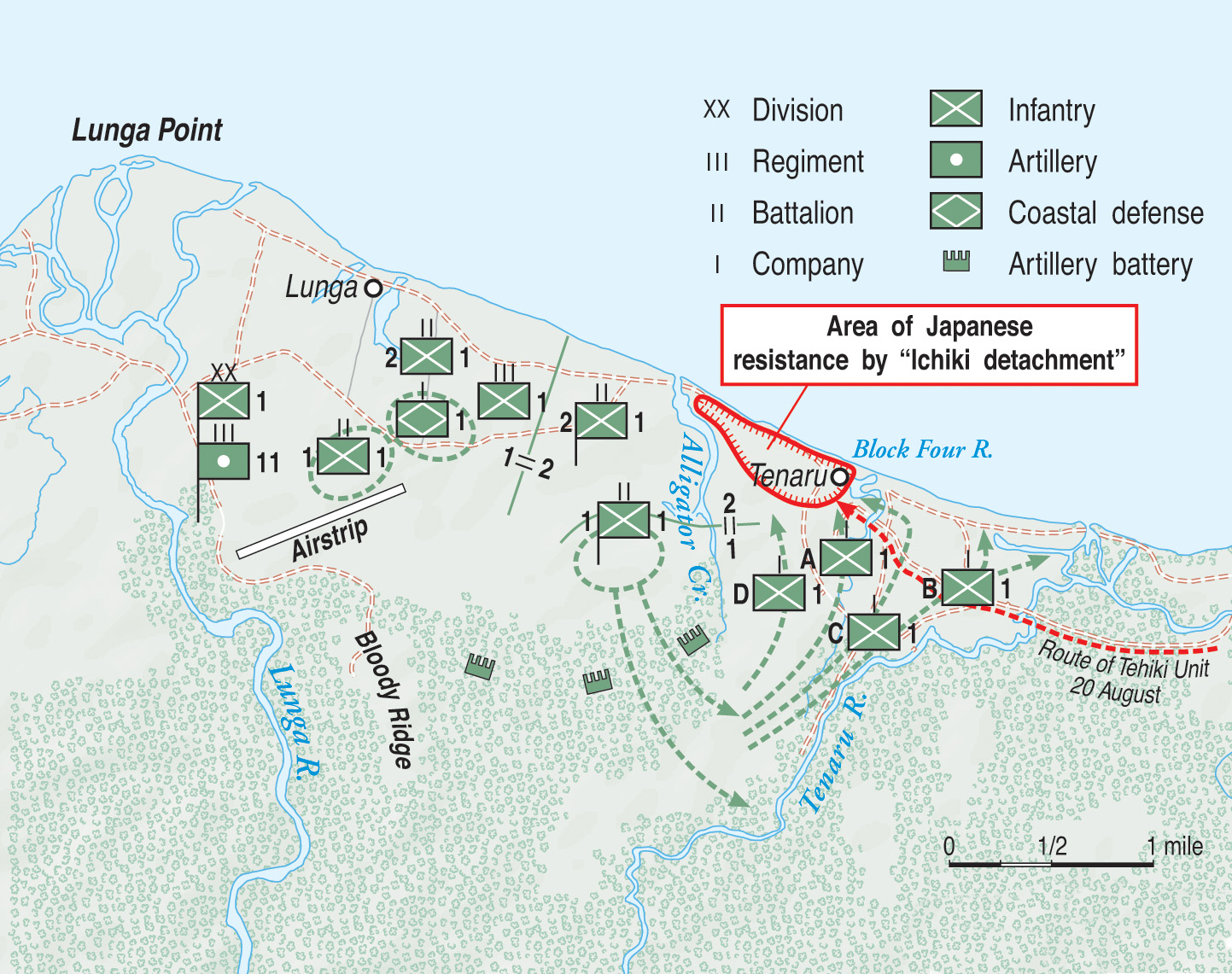 Entrenched Marines mowed down Japanese attackers on Guadalcanal at the Battle of the Tenaru River. Maps of the area were mislabeled, and the action actually took place along the Ilu River, nicknamed Alligator Creek by the Marines.