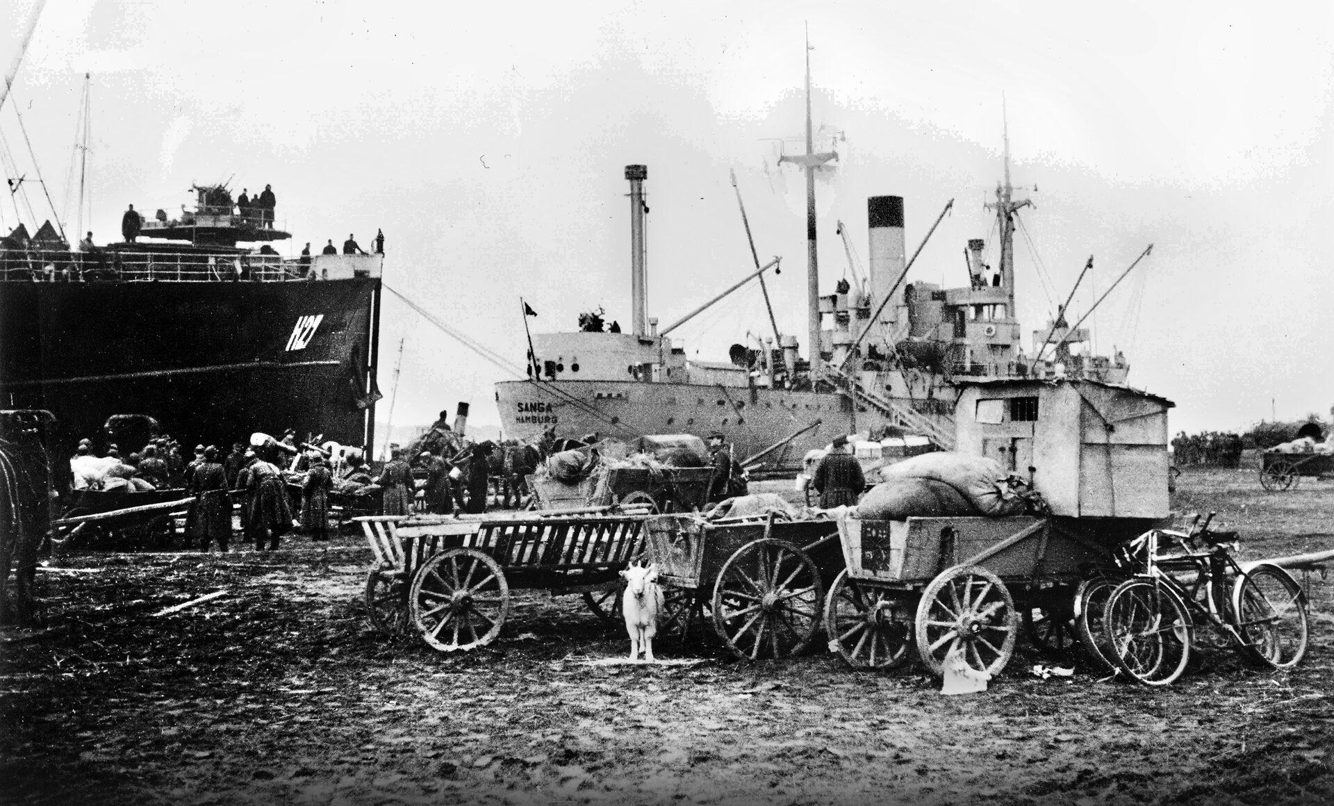 After having brought carts and wagons loaded with their prized possessions (including a goat), desperate German refugees line up to board ships at the port of Pillau.