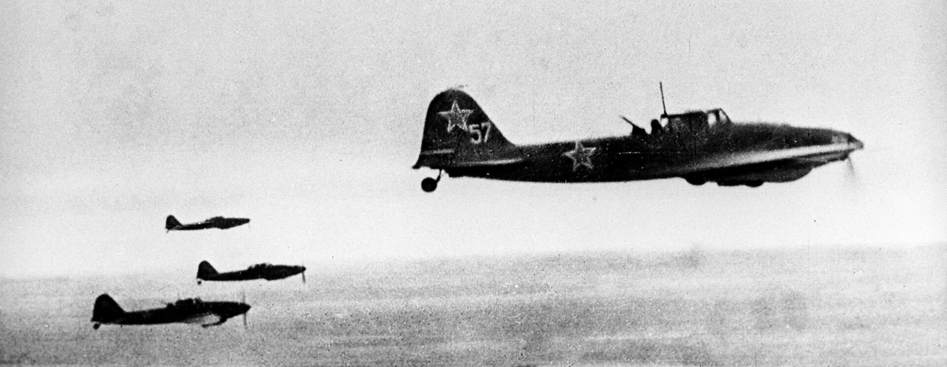 Red Air Force Ilyushin IL-2 fighters fly uncontested over Königsberg, April 1945. Such planes strafed columns of refugees and attacked defenseless ships packed with evacuees.	