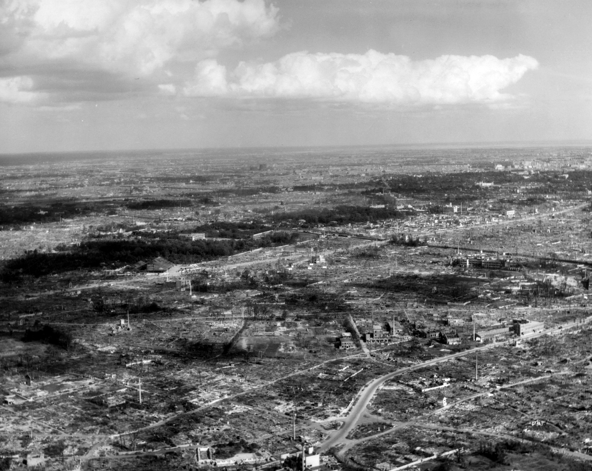  The devastation caused by the fire-bombing was widespread over much of Tokyo. Only brick and concrete buildings stood a chance of survival. Despite the damage, the Japanese government refused to surrender—until two atomic bombs were dropped on Hiroshima and Nagasaki in August 1945.