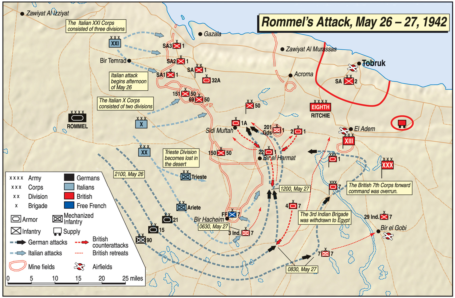 Rommel’s attacks at the end of May 1942 inflicted a heavy defeat on the British forces at Gazala as the German armored spearheads attempted to outflank the British and Commonwealth defensive line. For a time, the British believed the main Axis assault was a feint.