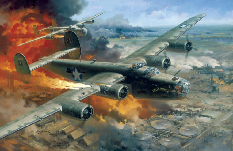Consolidated B-24 Liberator bombers run the gauntlet of enemy antiaircraft fire and fighters to bomb the oil refineries and other facilities at Ploesti, Romania, on August 1, 1943.