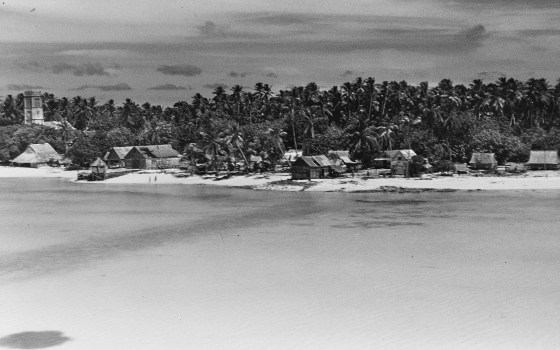 The beach at Makin, as it appeared in 1943, months after the Marine raid, appears tranquil. Makin was assaulted by U.S. Army troops in November 1943, concurrent with the 2nd Marine Division’s attack on Tarawa Atoll during Operation Galvanic.