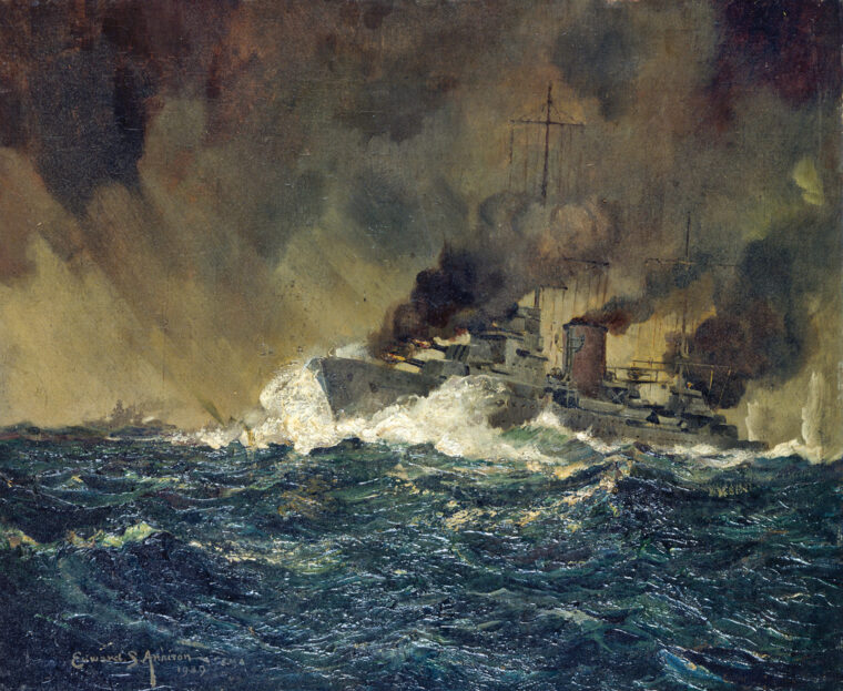 The cruiser HMNZS Achilles, manned by its crew of New Zealanders, opens fire on the German pocket battleship Graf Spee during the early moments of the Battle of the River Plate. The British naval squadron, which also included the British cruisers Ajax and Exeter, drove the German raider to seek safety in the harbor of Montevideo, Uruguay.