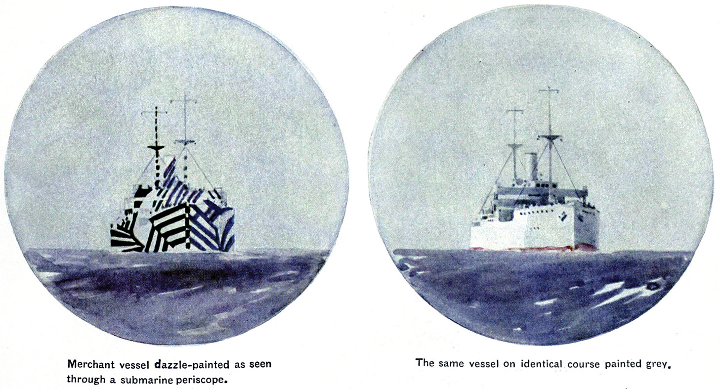 These color drawings show how the three-dimensional effect of the dazzle pattern completely fools the eye of an observer, making it difficult to comprehend the shape and direction of the ship.