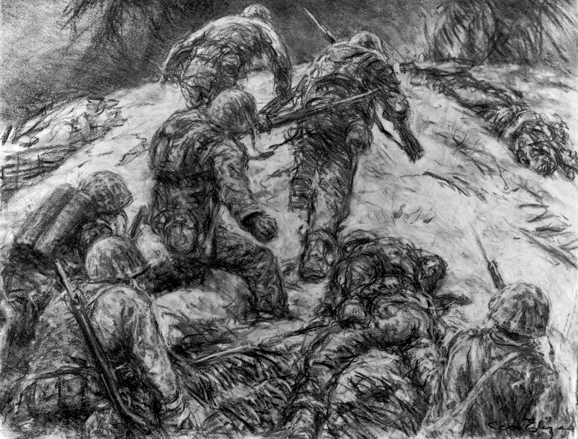 In this haunting charcoal sketch titled Marines Fall Forward, artist Kerr Eby depicts U.S. Marines fighting in the Gilbert Islands against the Japanese. The raid on Makin was an early offensive action that was fraught with risk. Its success is a topic of debate to this day.