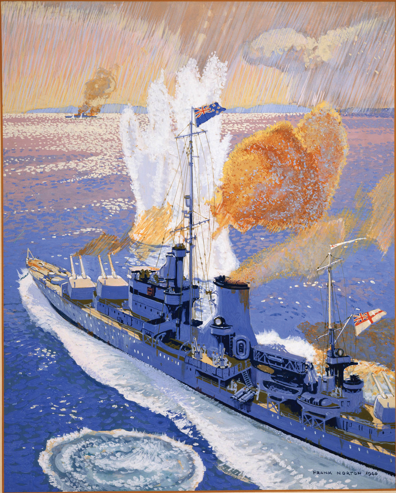 In this painting of the Battle of the River Plate, a towering geyser rises from the Atlantic Ocean after a near miss from the 11-inch guns of the German pocket battleship Graf Spee falls close to the cruiser Achilles. 