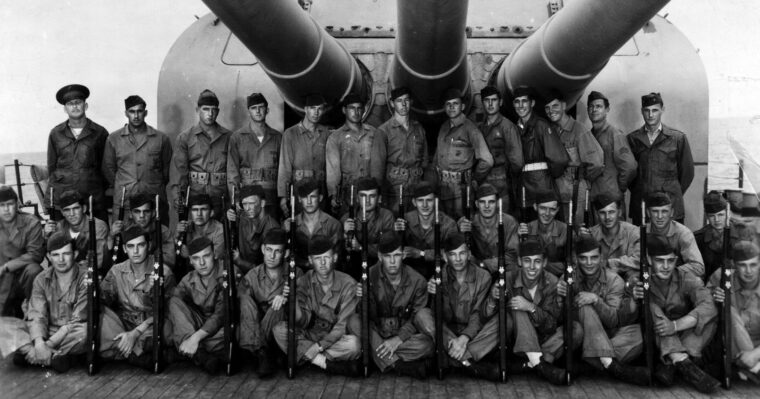 The Indy’s Marine Guard under No. 1 turret, photographed shortly before the sinking.