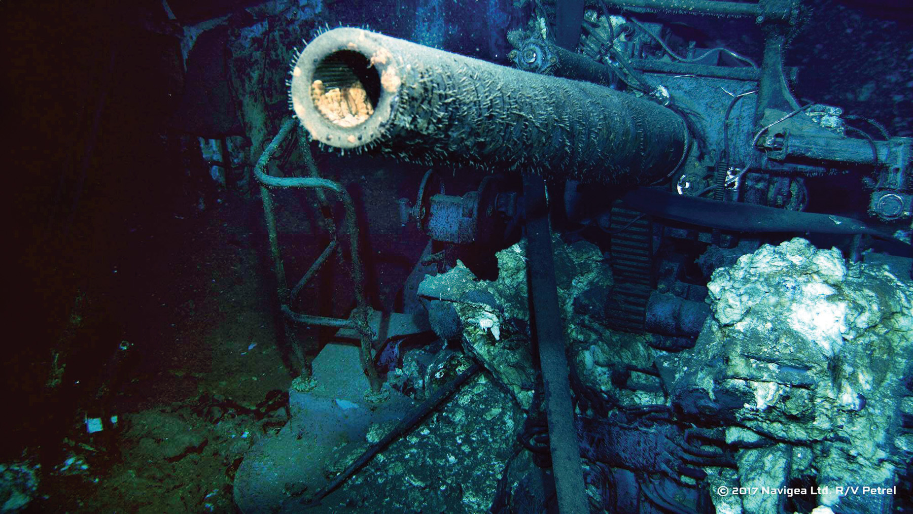 One of the Indianapolis’s antiaircraft deck guns. This photo was taken after the shipwreck was located  in August 2017 by an expedition financed by Paul G. Allen.