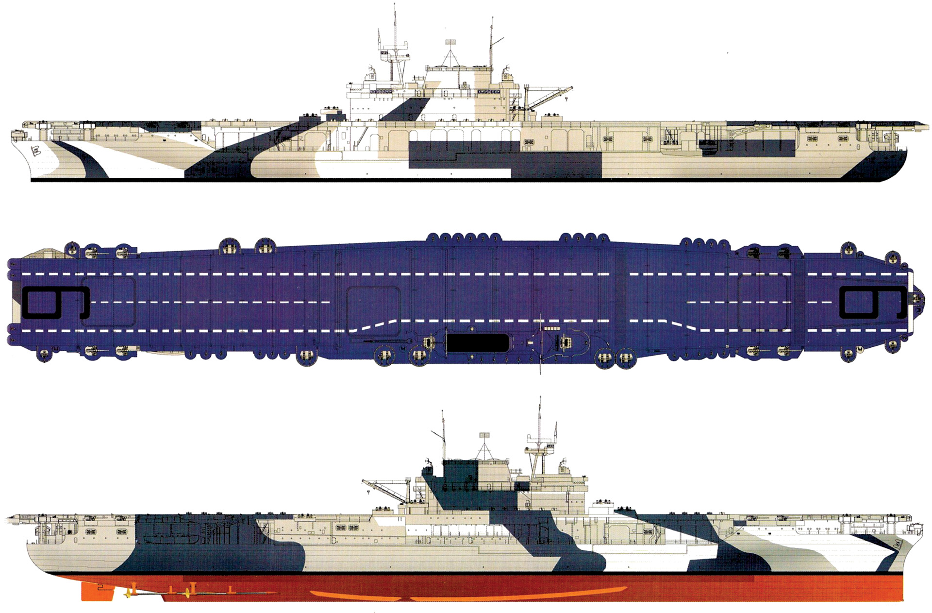 The carrier USS Enterprise (CV-6) was painted in a dazzle pattern in 1944. 