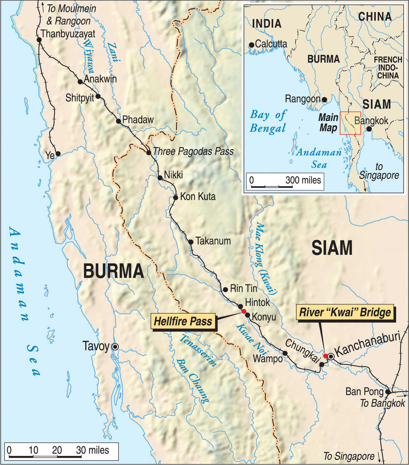 The route of the Burma-Thailand railway and location of the infamous bridge. The total length of the line was 258 miles through impassable terrain and an inhospitable climate, and took eight months for the POWs to build. 