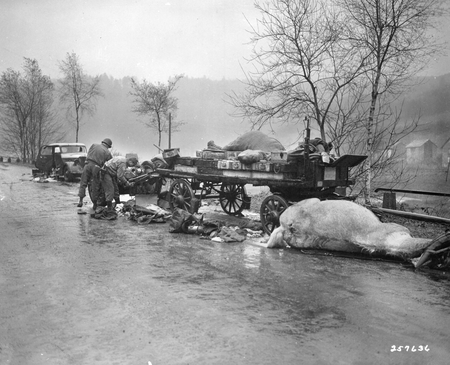 GIs examine a German horse-drawn ammunition wagon. Rincker was disturbed by the plight of animals he saw during the advance into Germany. 