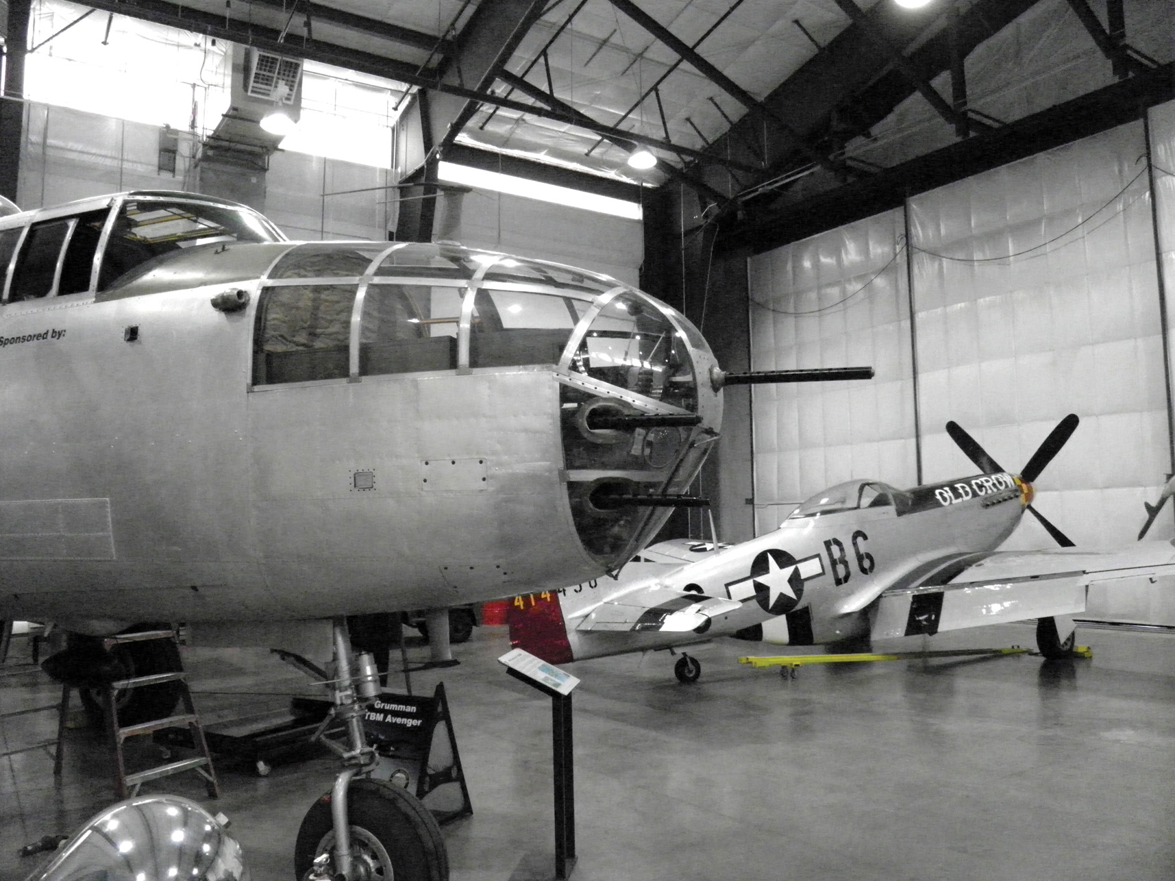This North American B-25 Mitchell bomber, dubbed In the Mood, has appeared in many war films, including Pearl Harbor. In the background is Old Crow, a North American P-51 Mustang. 