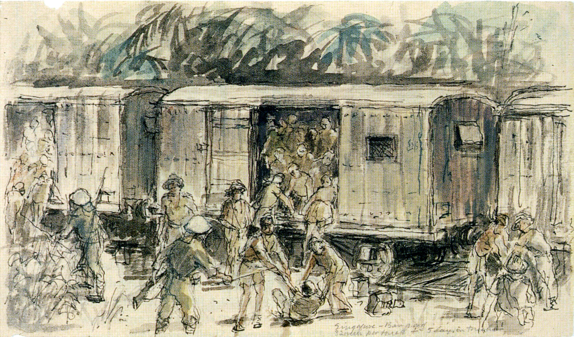 While Japanese guards beat a sick or reluctant prisoner, other POWs climb into cattle cars that will take them to the worksite—a five-day journey. Sketch by POW Jack Chalker.