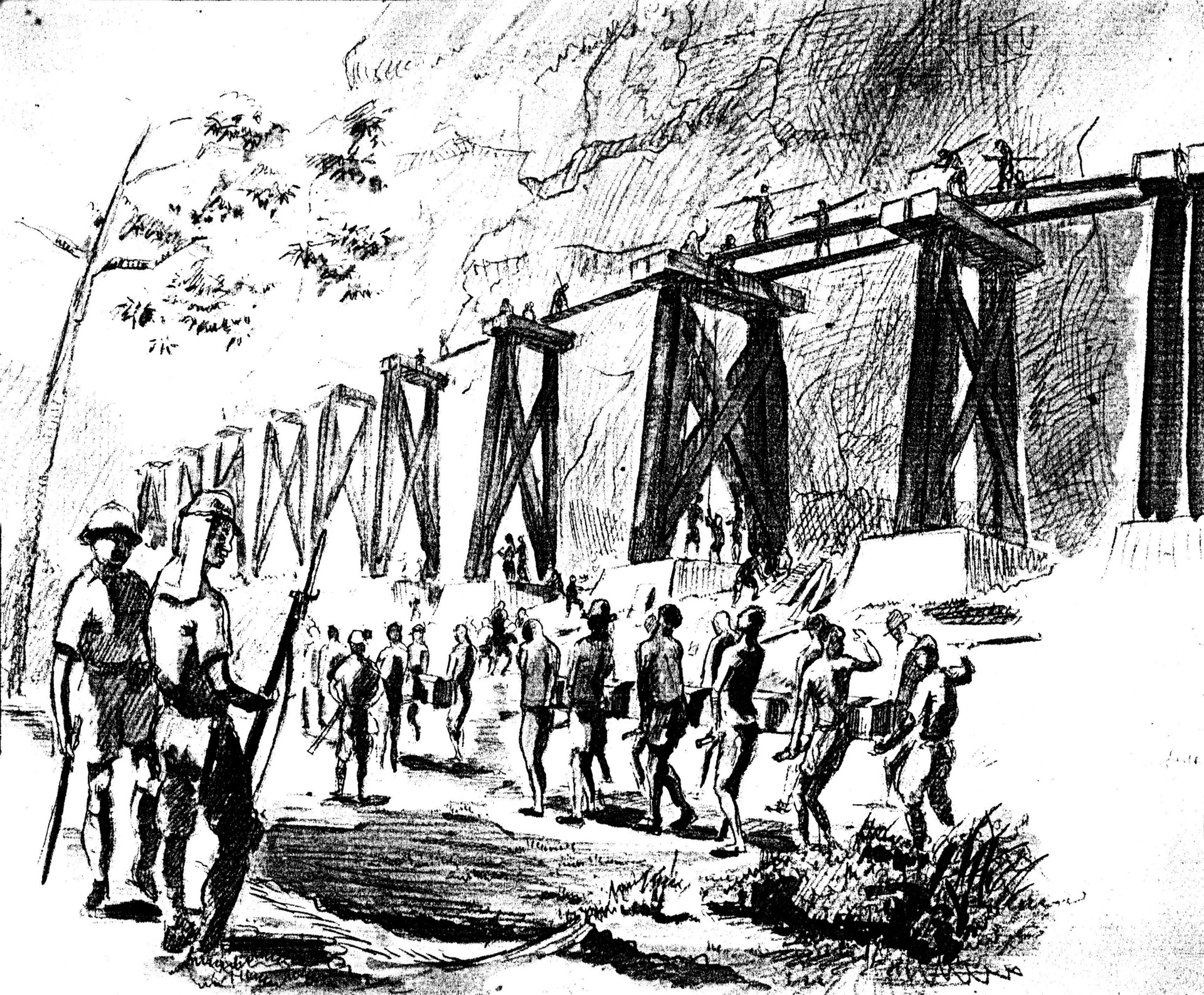 A prisoner named W.C. Wilder made this sketch in 1943 of a work gang constructing the Wampo Viaduct, a major engineering project. This structure is the only one of the wooden bridges still standing.