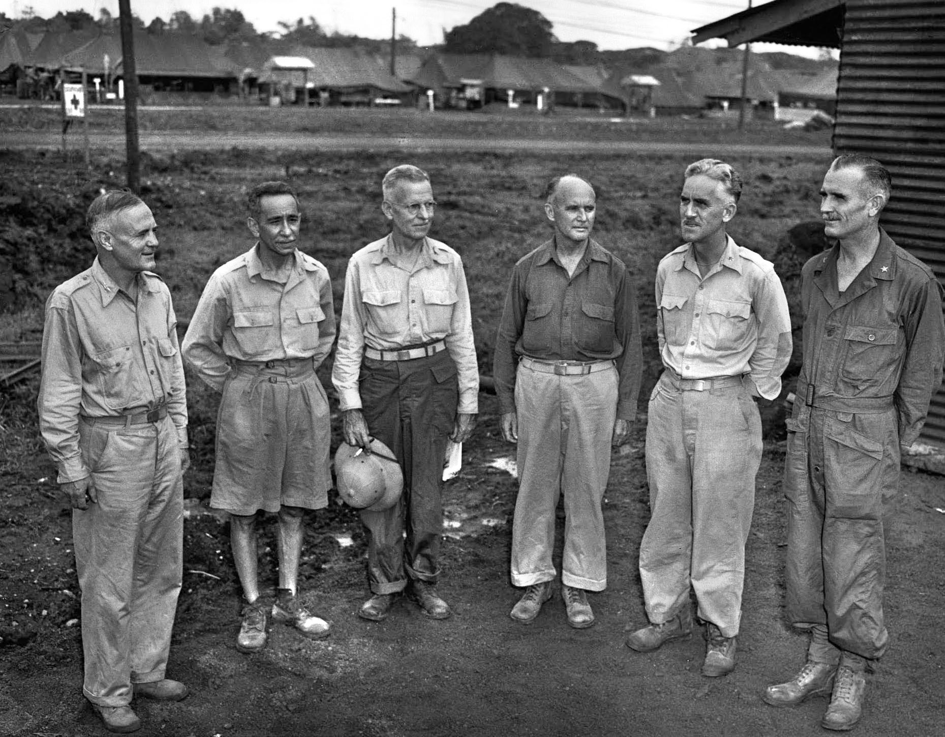Some of the freed officers photographed in Manila in 1945. Galbraith is second from right. He retired from the Army in 1950 and passed away in 1986. 