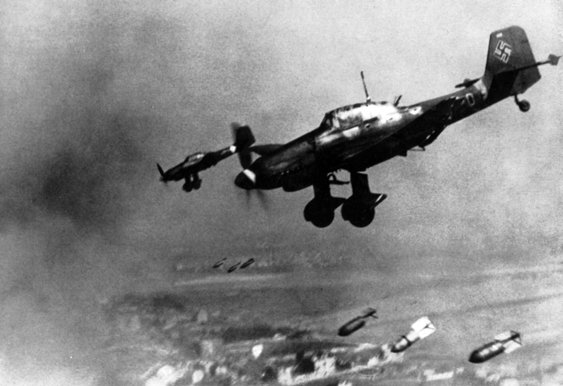 During the 1939 Nazi invasion of Poland, Luftwaffe Stuka dive bombers unleash their deadly cargoes on Polish positions. Kesselring believed the highest and best use of the Luftwaffe was in tactical support of German ground troops rather than attempting to mount a strategic bombing campaign.