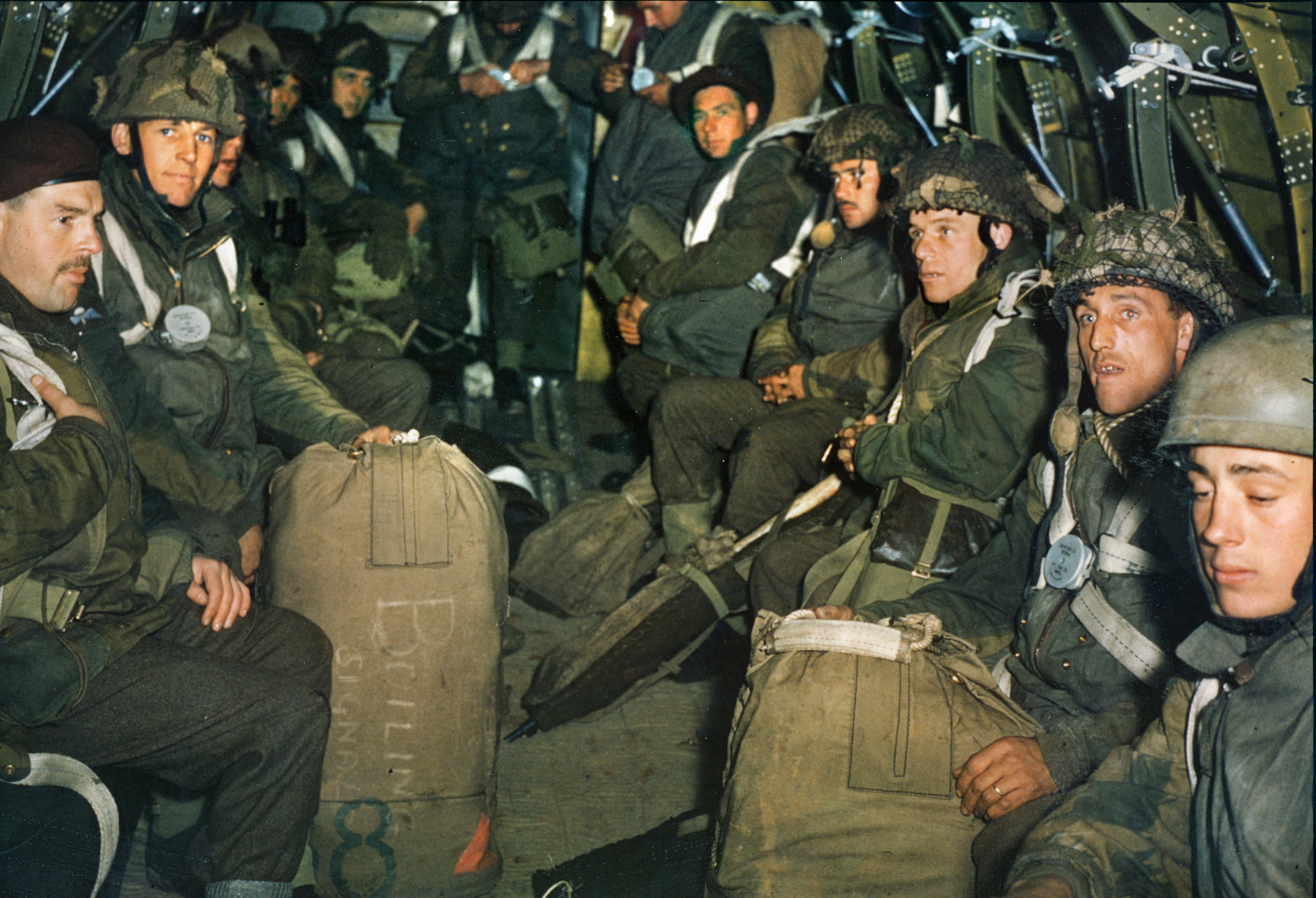Training for D-Day was intense and continual. Here, heavily laden British paratroopers are packed into an aircraft, ready to make another practice jump. The British used both Albemarles and C-47 Dakotas in training and in combat.