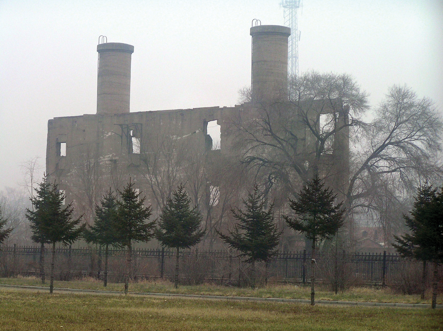 A recent photo of fog-shrouded building on the site of the Unit 731 bioweapon facility at Ping Fang. Today it is part of a museum and memorial to the victims. 