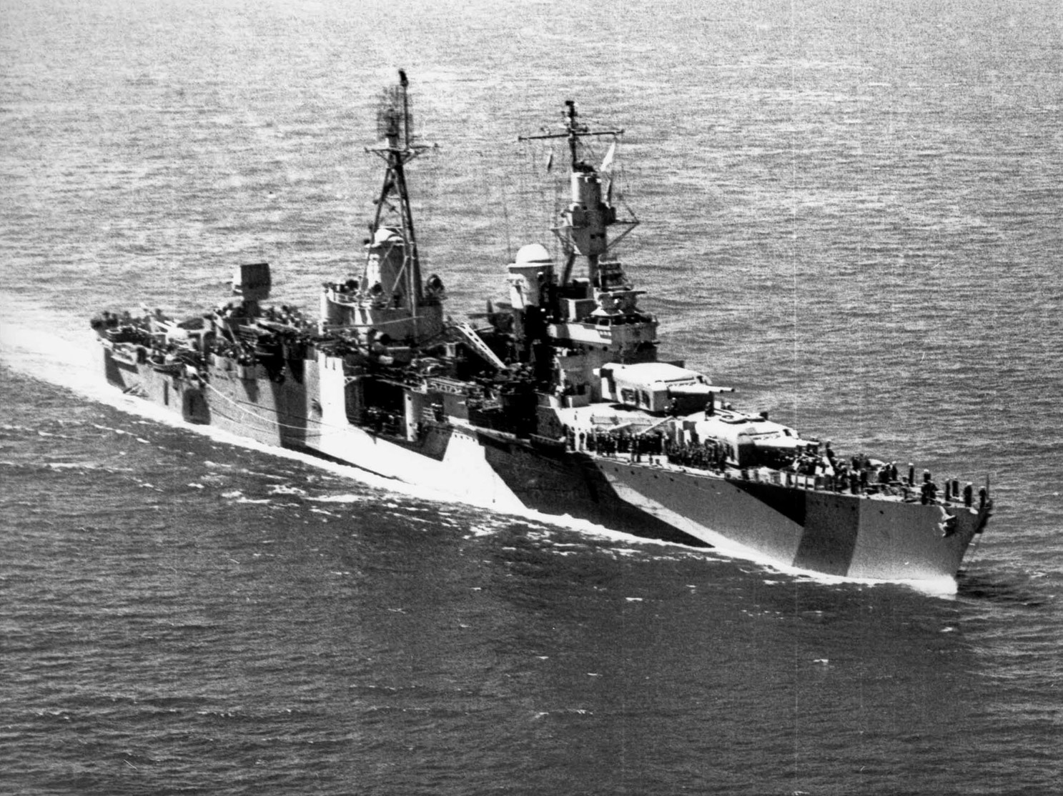 The USS Indianapolis, photographed in 1944 after an overhaul and a new dazzle paint scheme.