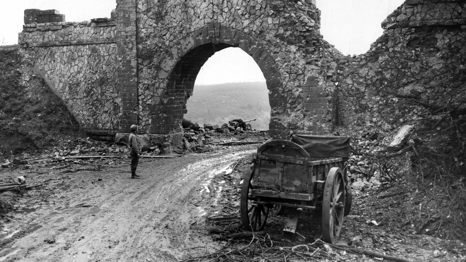 The battered entrance to Fort Driant after its capture.