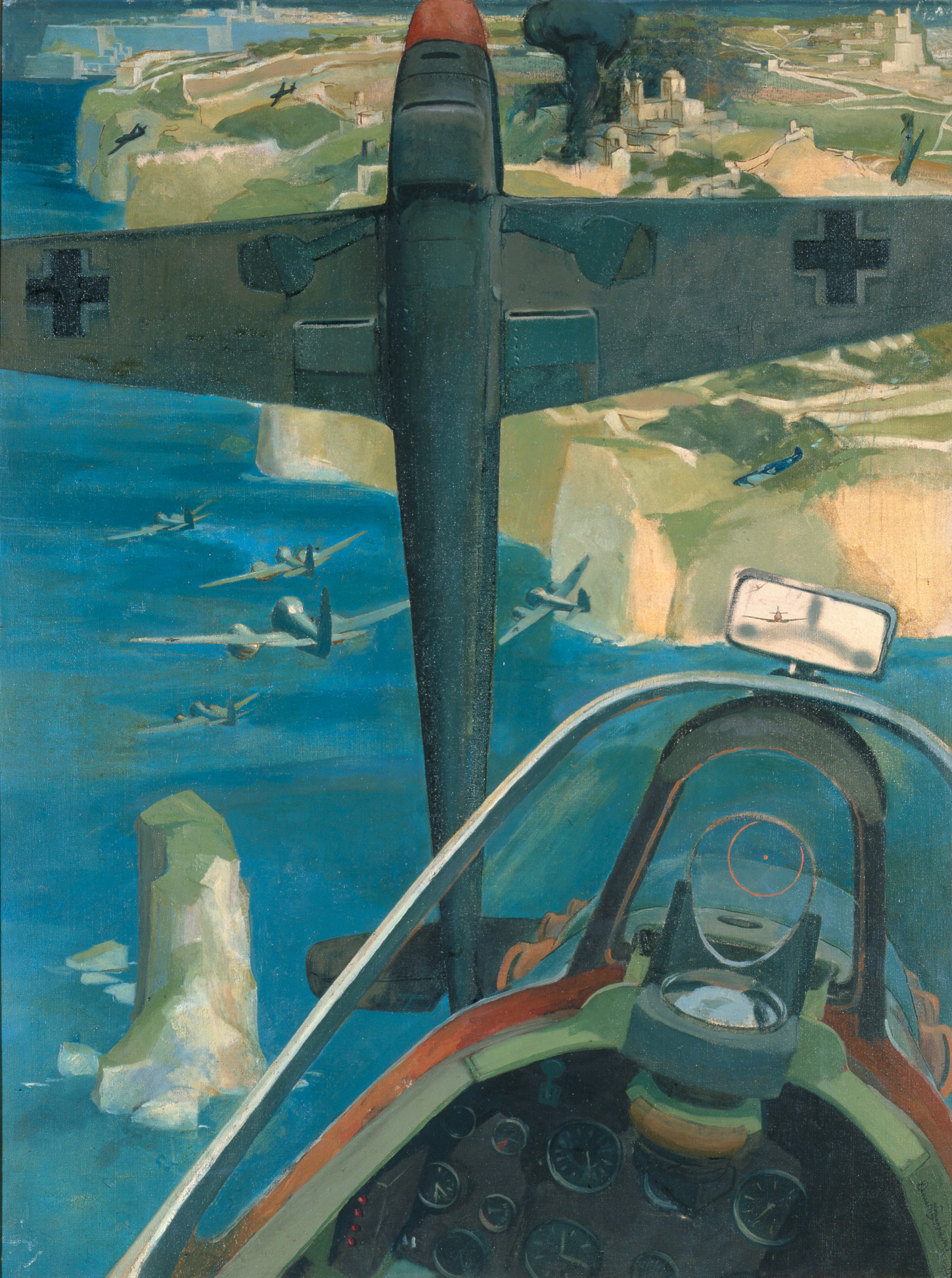 This painting by Denis A. Barham titled Battle Over Malta reveals a Spitfire pilot’s view of air combat.