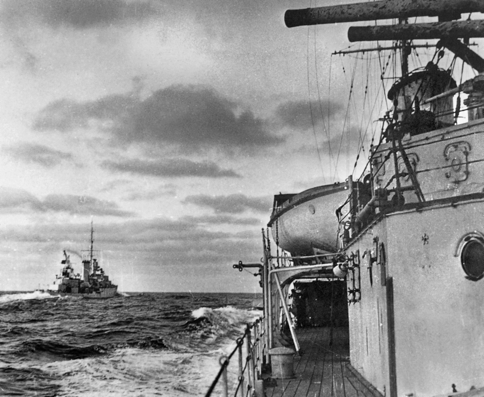 British cruisers patrol the sea lanes of the South Atlantic near the mouth of the River Plate during the early days of World War II.  