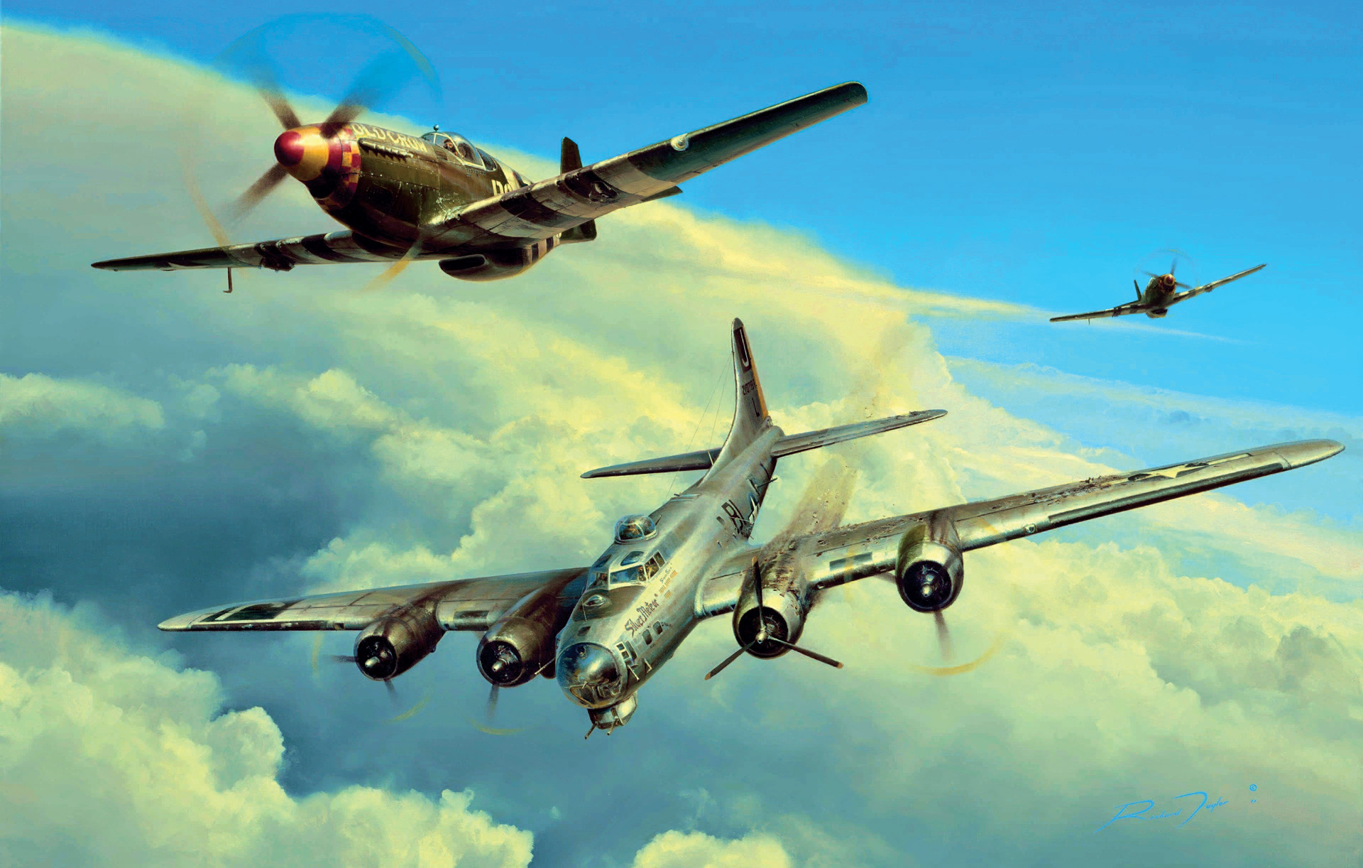 In this painting titled Wounded Warrior by artist Richard Taylor, the Boeing B-17 Flying Fortress nicknamed Silver Meteor, heavily damaged during a raid on Munich, Germany, on July 11, 1944, is escorted safely to its base in England by a pair of North American P-51 Mustang fighters. The Mustang provided long-range escort for the heavy bombers penetrating deep into German airspace.