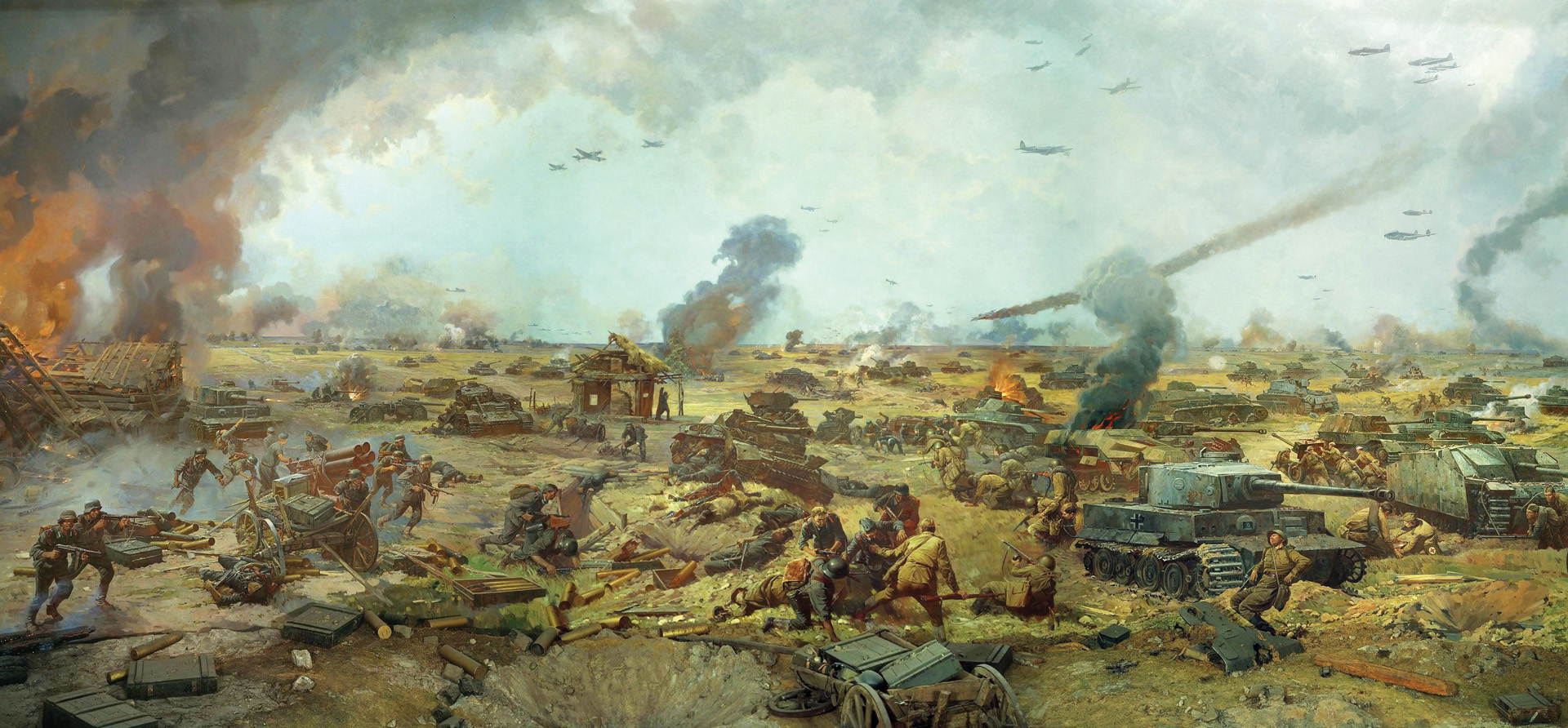 This mural, located in the Central Museum of the Great Patriotic War in Moscow, depicts the desperation of the fighting at Kursk as soldiers engage in hand-to-hand combat and tanks fire at one another from close range.