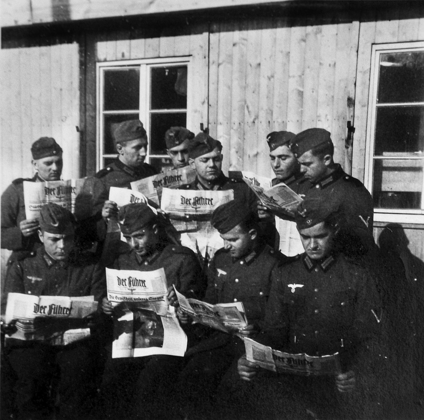 The headline for the day’s issue of Der Führer proclaims “The Certainty of Our Victory.” A wide spectrum of newspapers, tabloids, illustrated weeklies, and magazines were available to soldiers, millions of copies posted through the exceptionally efficient Feldpost service.