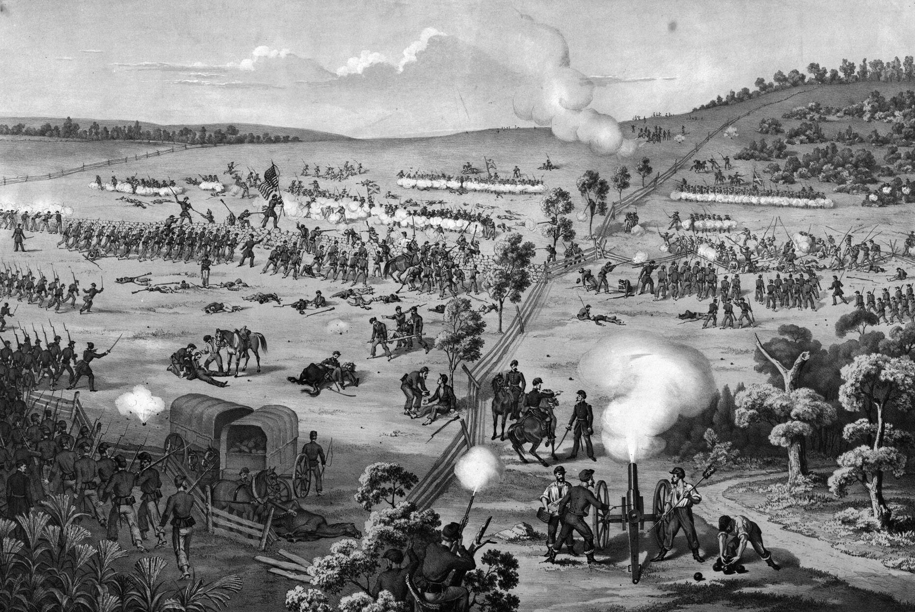 The Union IX Corps attacks the Confederate position at Fox’s Gap on September 14, 1862. The neatly arrayed battle lines depicted in the illustration bear little resemblance to the actual fight in heavily wooded, steep terrain. 