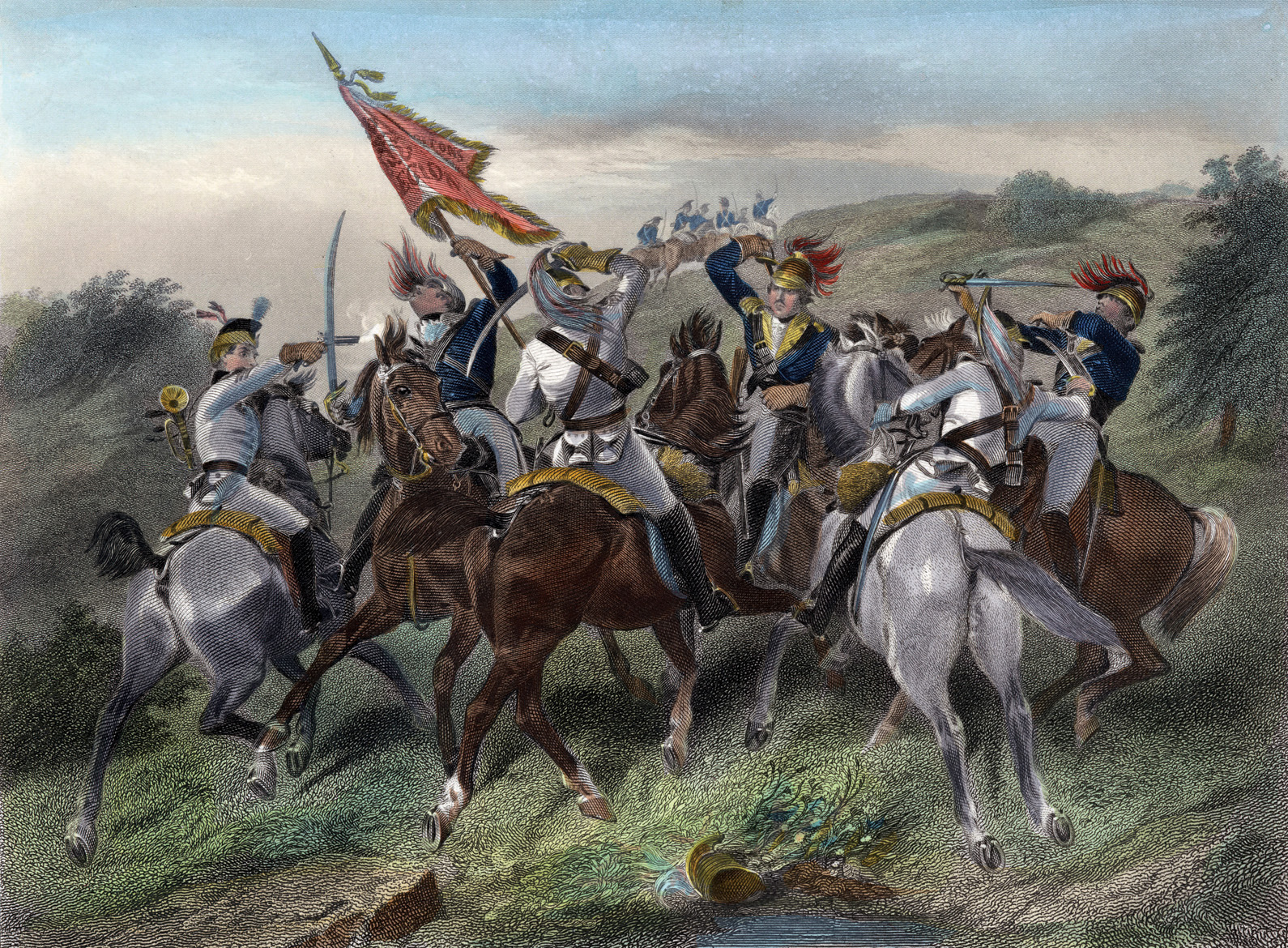 Washington and a sergeant duel with three British cavalry officers while Washington’s young steward at left fires at one of the enemy. One of the British officers is believed to have been Tarleton.