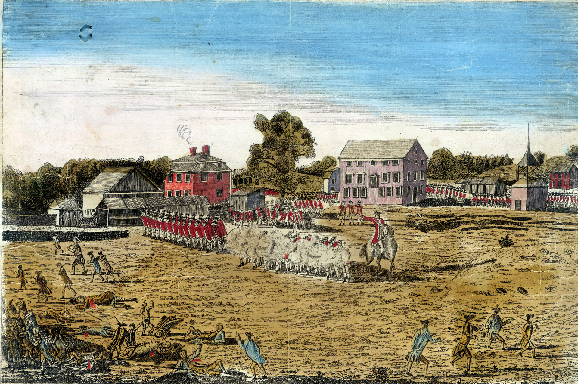 A volley by British regulars shatters the Lexington militia on April 19, 1775. In open terrain, the poorly trained American militia simply could not match British infantry.