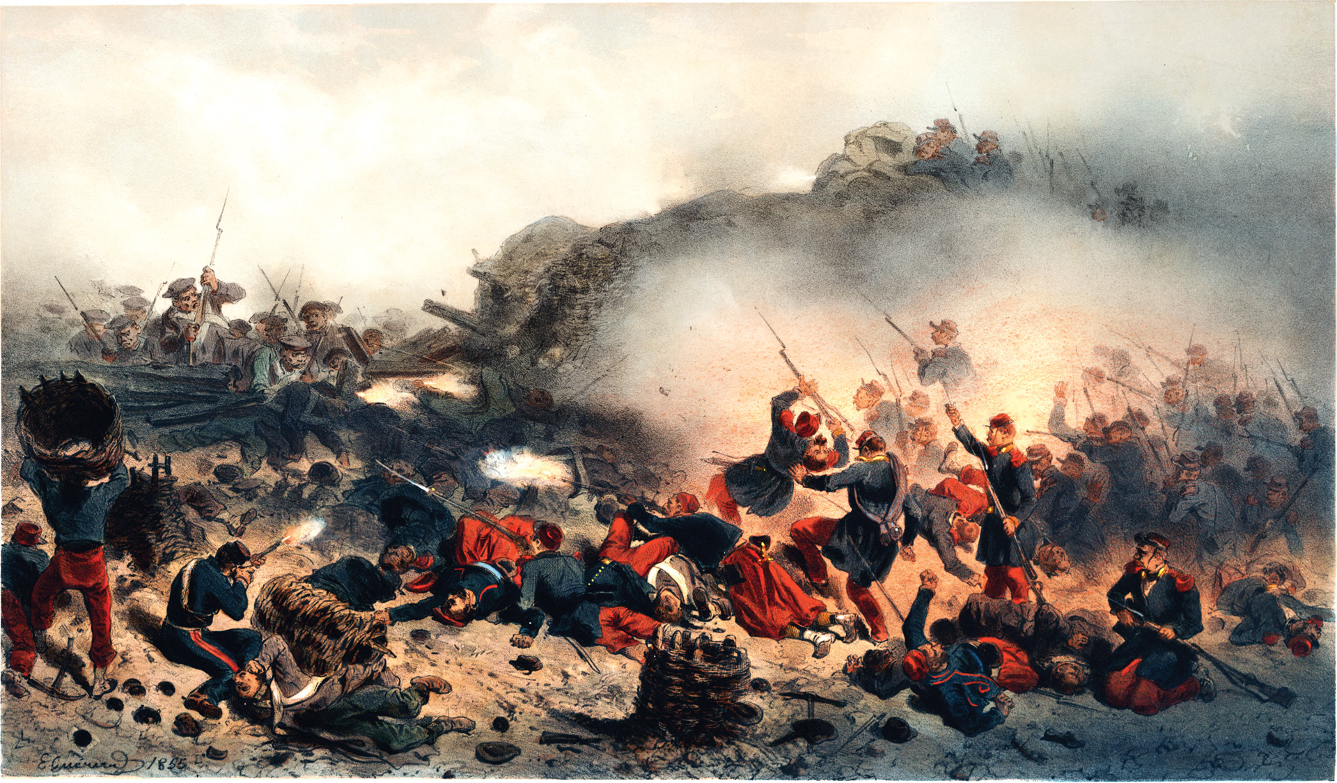 French Zouaves engage in hand-to-hand fighting with Russian defenders at the Malakoff redoubt in the final effort to capture the position. French attackers set fire to gabions to smoke out the last of the Russian defenders.