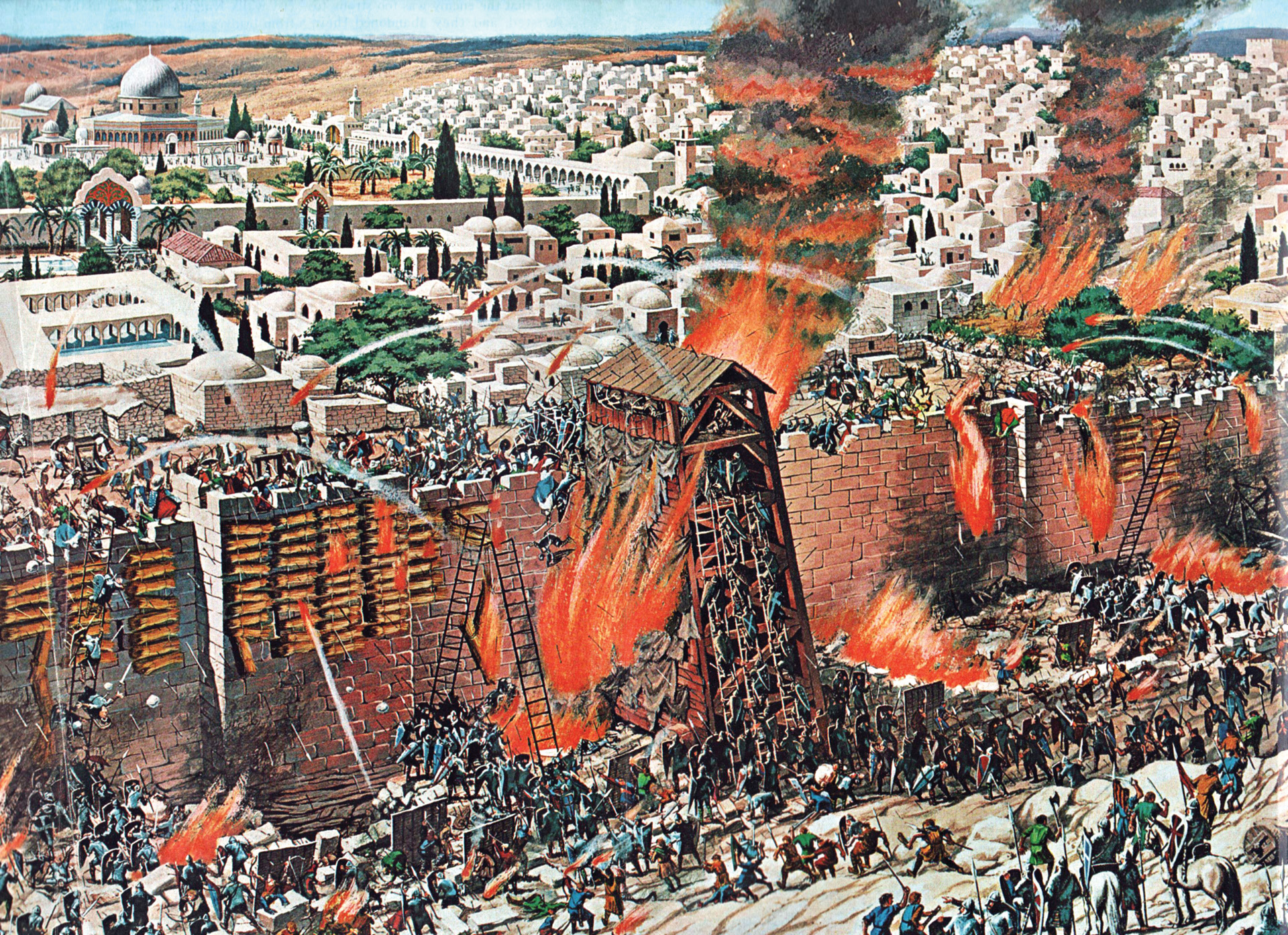 A Crusader siege tower is shown against the walls of Jerusalem in a modern painting. The Franks stretched the defenses of the Fatimid Egyptian garrison by attacking the north and south walls simultaneously.