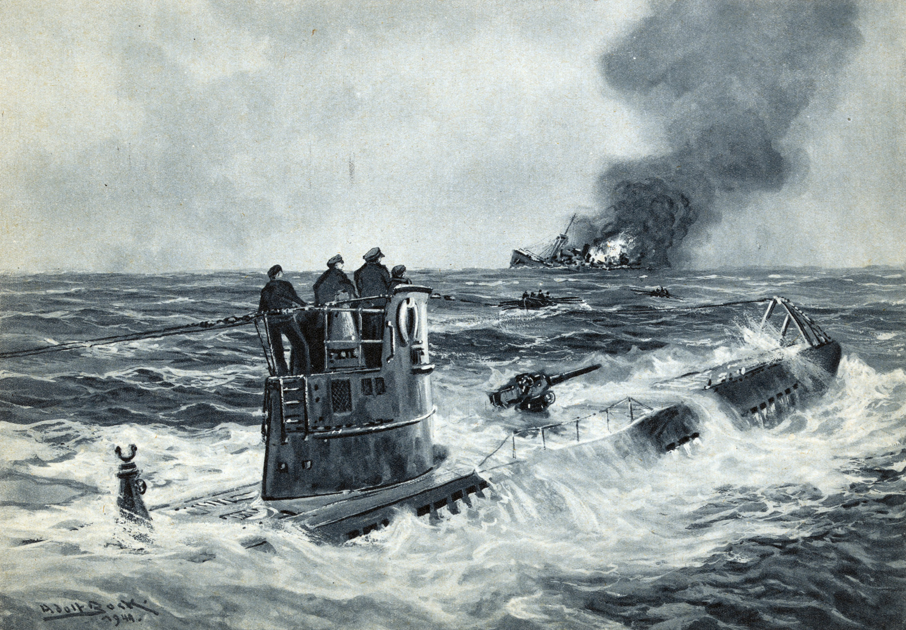 Crew members of a German U-boat watch as a British cargo steamer goes under in an Adolf Bock painting. U-boat captains relied heavily on their deck gun to attack smaller ships so that they could save their small number of torpedoes for tankers and other large ships. 