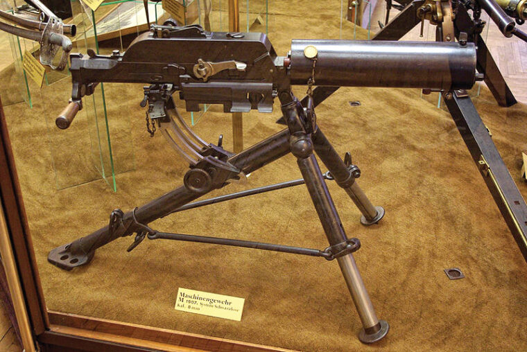 The simple design of the water-cooled Austrian Schwarzlose M.07/12 World War I-era medium machine-gun was well suited for mass production.