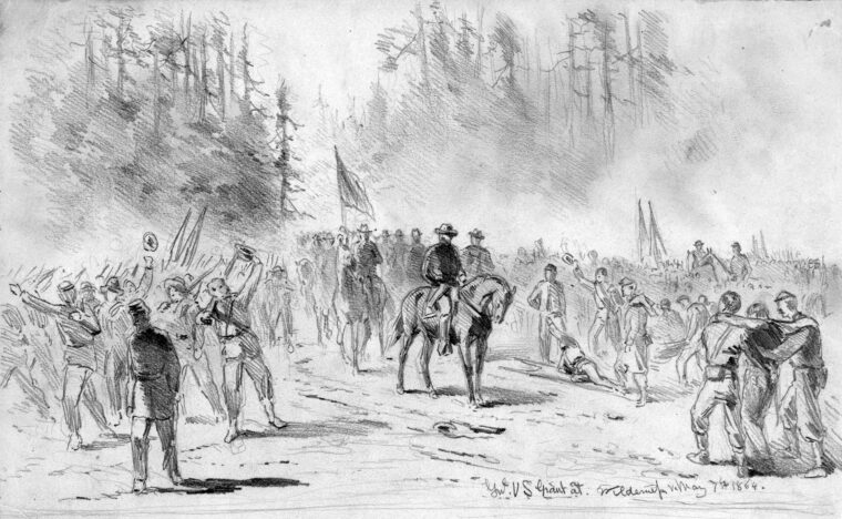 Lieutenant General Ulysses S. Grant watches as his troops march into the Wilderness south of the Rapidan River. The commander of all Union forces accompanied the Army of the Potomac on its 1864 spring campaign.